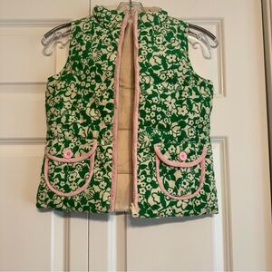 Lilly Pulitzer Girls SZ 10 Green Pink Floral Puffer Vest Zipper Button Pockets‎